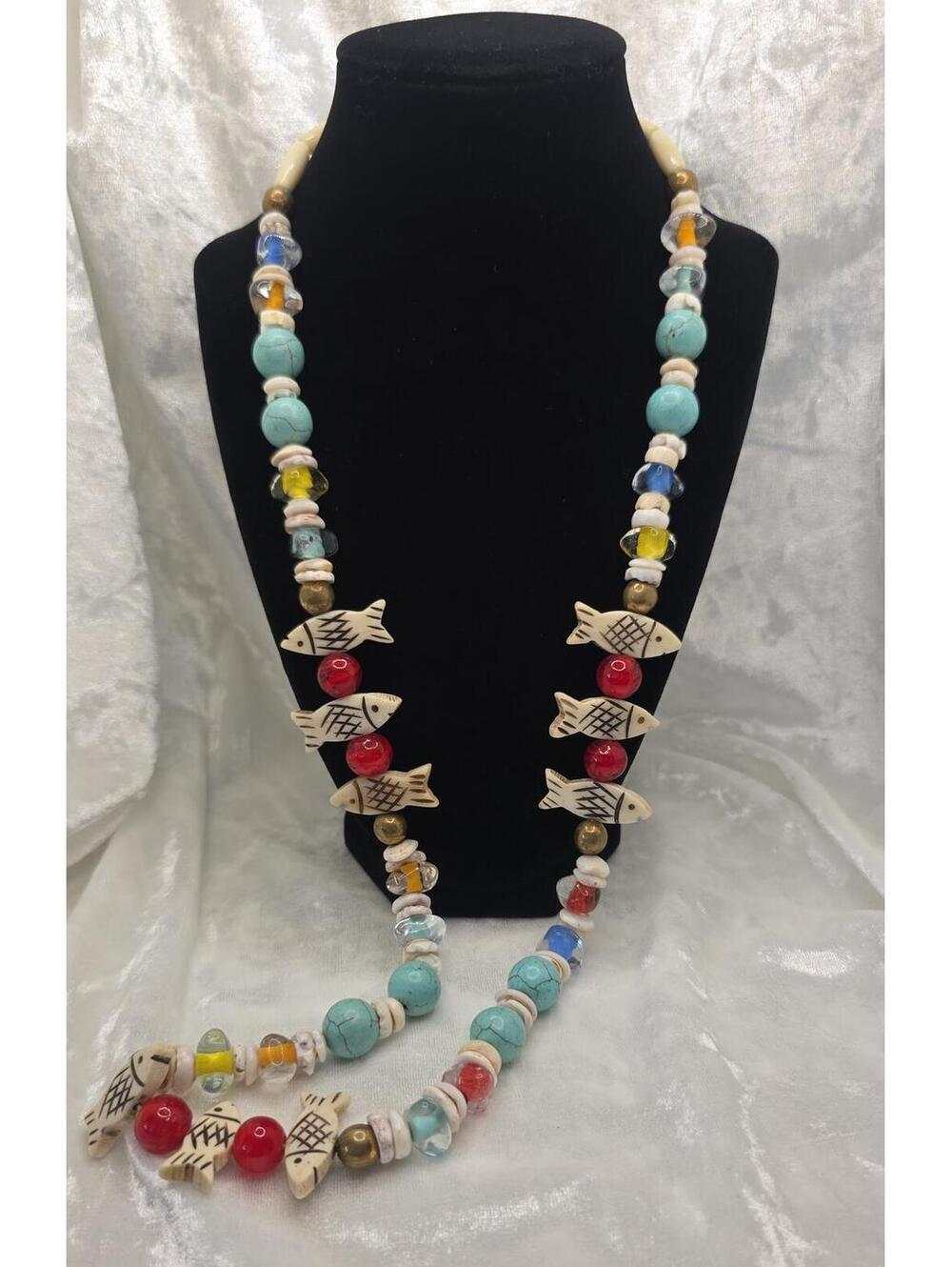 Boho Fish Bead Necklace 32" Coastal Tropical Shell Turquoise Style Necklace